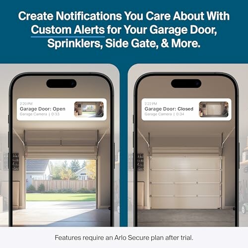 Smartphone displaying garage door open and closed alerts with Arlo Secure plan.