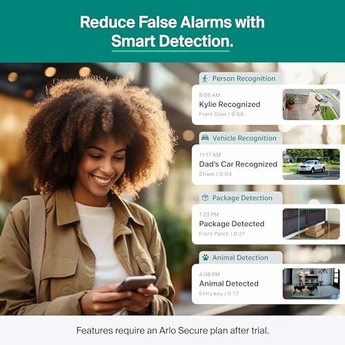 Arlo smart detection features for reducing false alarms.