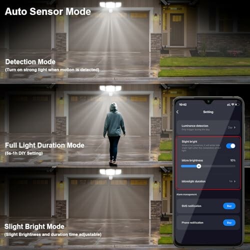 Image showing different light modes: detection, full light duration, and slight bright mode with settings on a smartphone.
