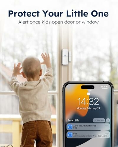 Child near door with phone security alert.
