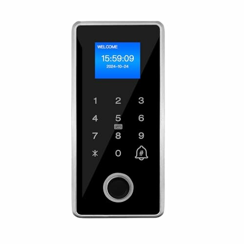 Digital door lock with keypad and screen displaying time and date.