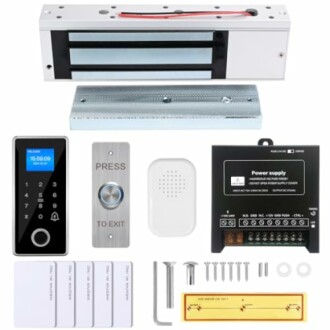 Complete door access control system kit with keypad, cards, and power supply.