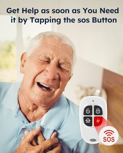 Elderly man in distress holding chest with SOS button nearby.