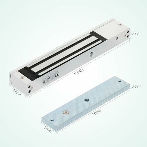Electromagnetic lock with dimensions and mounting plate.