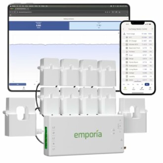 Emporia energy monitoring system with tablet and smartphone display.