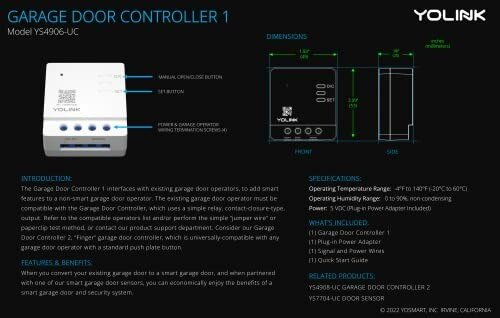 Yolink Garage Door Controller product information and specifications.