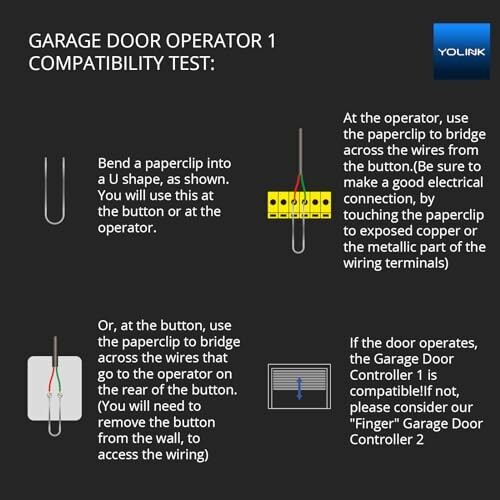 Instructions for testing garage door operator compatibility using a paperclip.