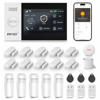 Home security system kit with sensors, control panel, and smartphone app.