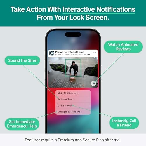 Smartphone displaying interactive security notifications with action options.