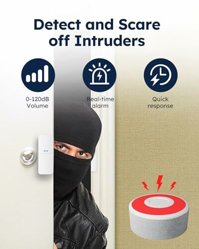 Intruder detection system with alarm features: volume, real-time alarm, quick response.