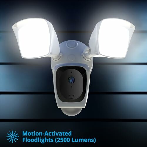 Motion-activated floodlights with camera on wall