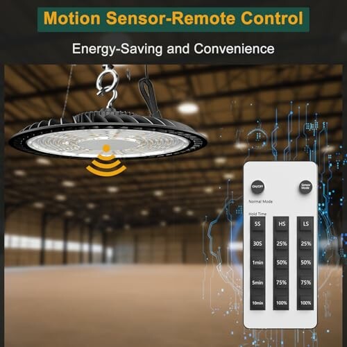 LED high bay light with motion sensor and remote control in warehouse.