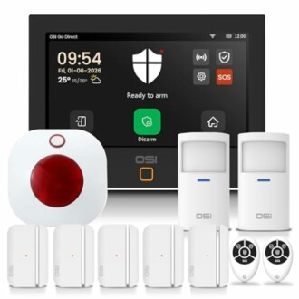 OSI home security system with control panel, sensors, and remotes.
