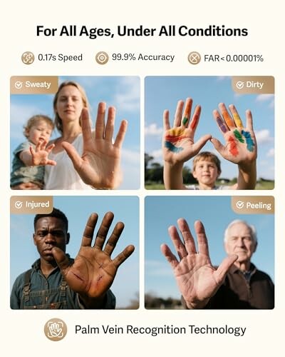 Diverse hands showcasing palm vein recognition technology under various conditions.