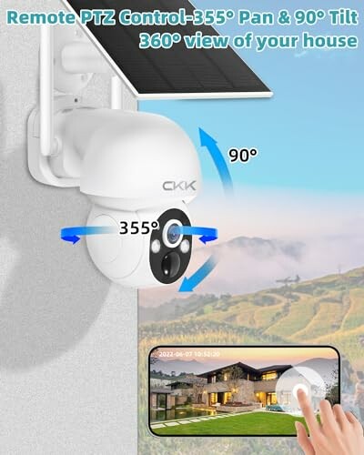 Remote PTZ camera mounted on wall with smartphone control interface.