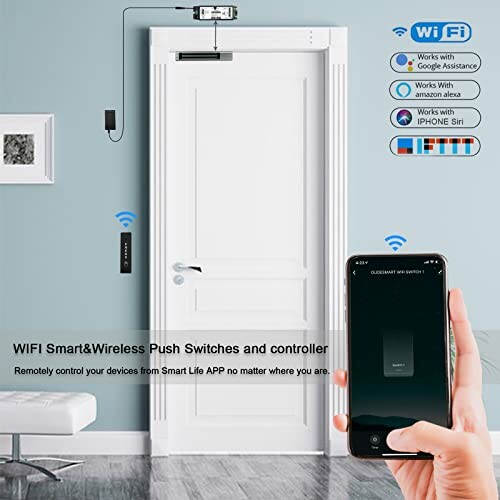 Smart door with wireless push switches and remote control via app.