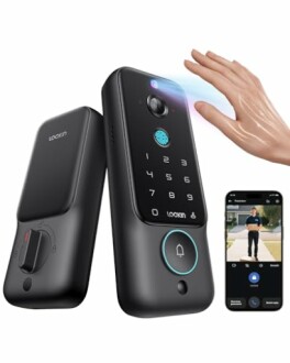 Smart door lock system with fingerprint scanner and mobile app control.