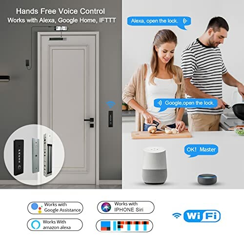 Smart home devices with voice control for door lock and kitchen lights using Alexa and Google Home.