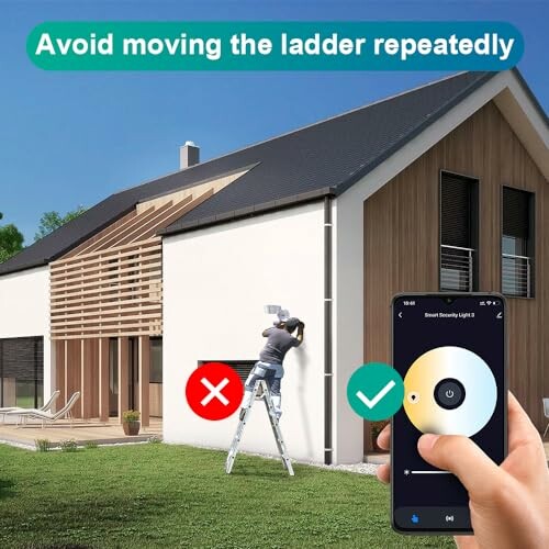 Person on ladder adjusting light on house with app control