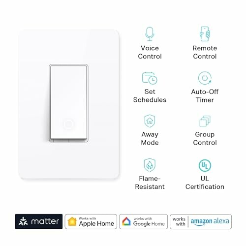 Smart light switch with features like voice control, remote control, set schedules, auto-off timer, away mode, group control, flame-resistant, UL certification, and compatibility with Apple Home, Google Home, and Amazon Alexa.