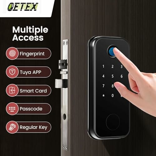 Smart lock on door with multiple access options including fingerprint, app, smart card, passcode, and key.