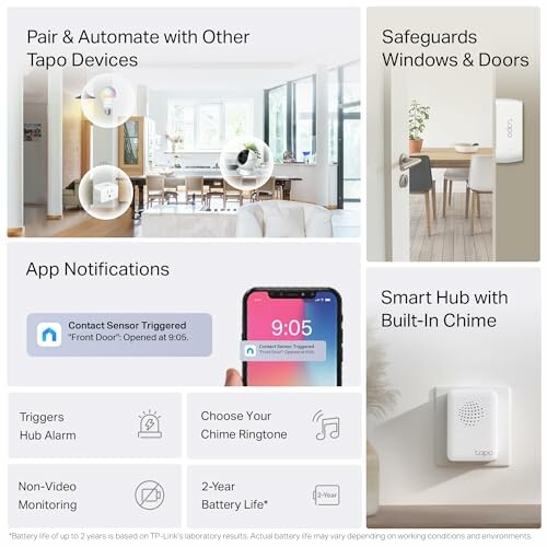 Tapo smart home features including device pairing, window safeguards, app notifications, and built-in chime hub.