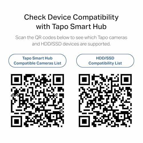 QR codes for Tapo Smart Hub compatible cameras and HDD/SSD.