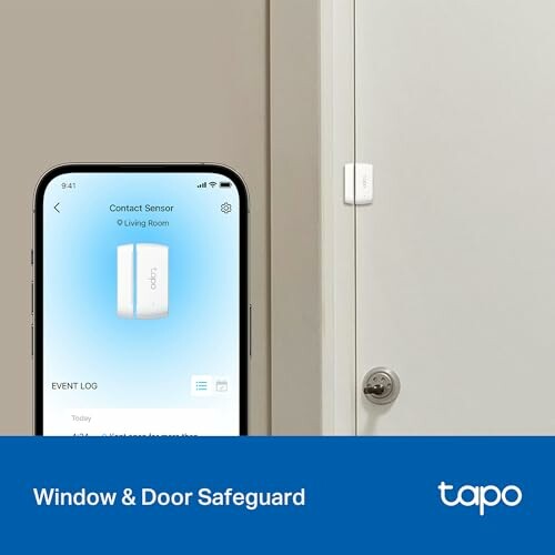 Tapo contact sensor on door with smartphone app display.