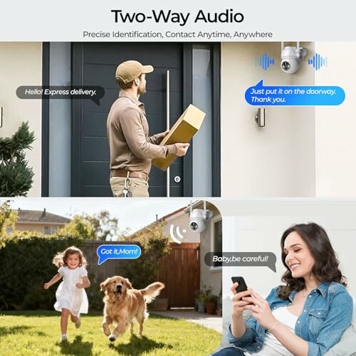 Two-Way Audio security camera with delivery person, child and dog, and woman using phone.