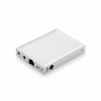 White rectangular electronic device with various ports.