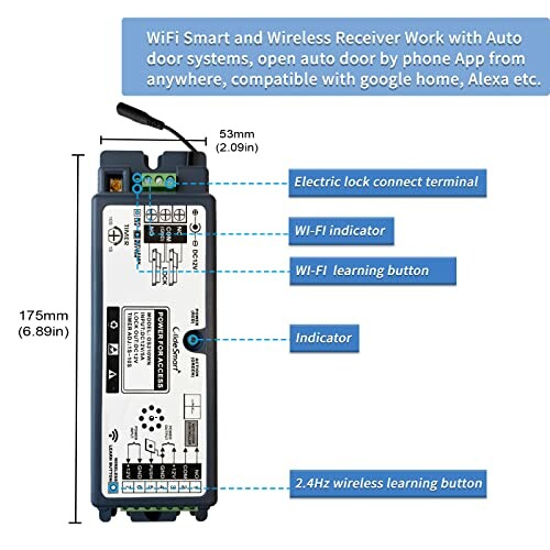 WiFi smart wireless receiver for auto door systems with various indicators and buttons.