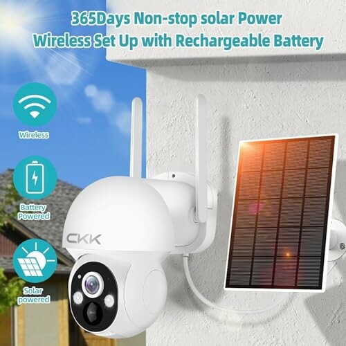 Wireless solar-powered security camera with rechargeable battery.