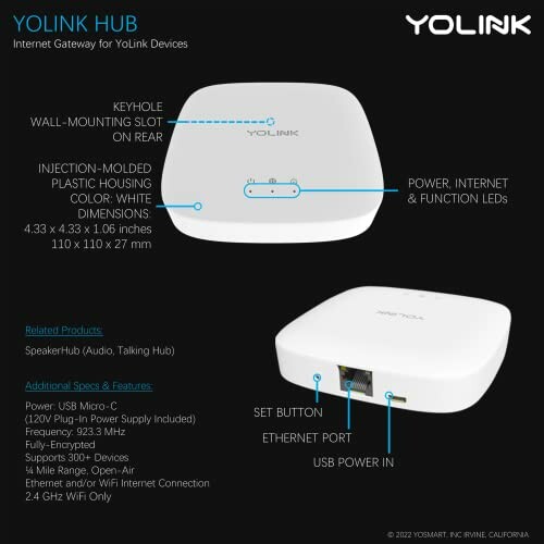 YoLink Hub Internet Gateway device with features and specifications.